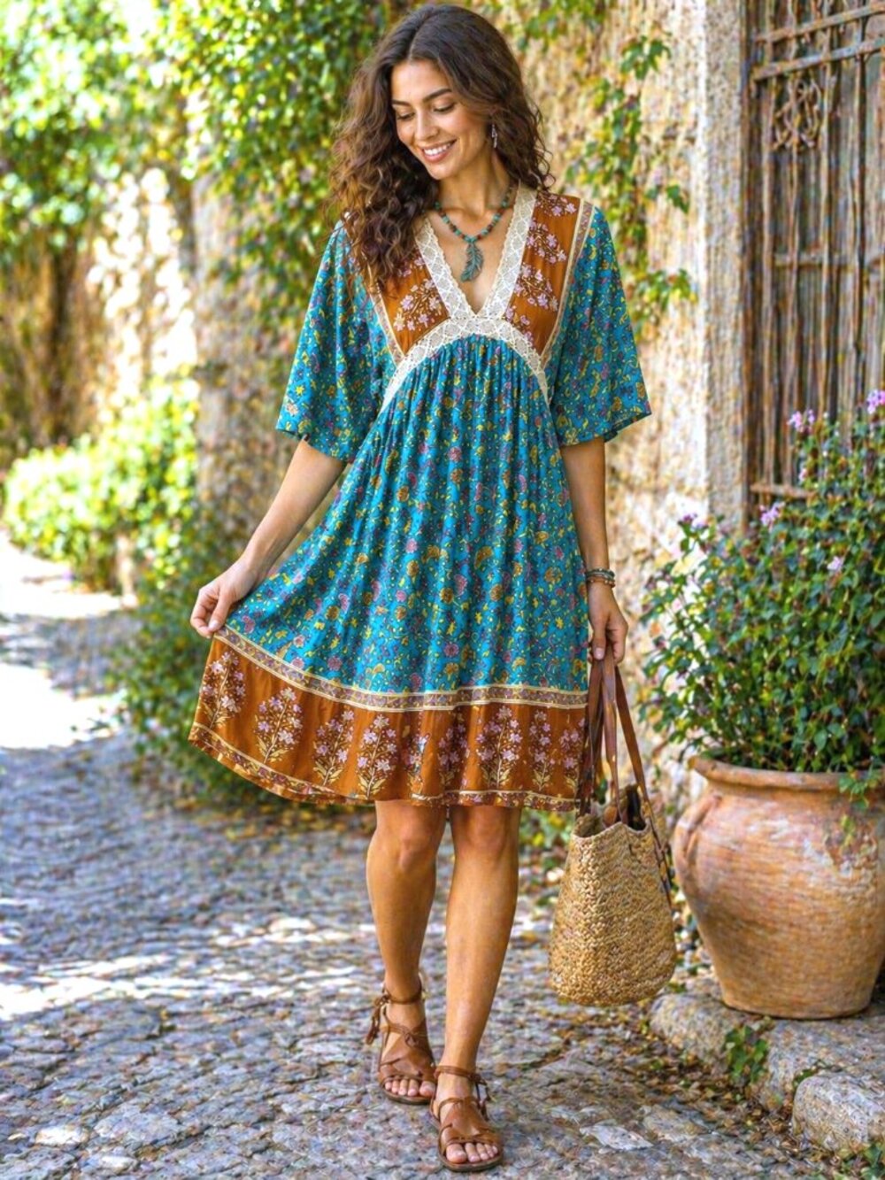 Boho Floral Lace Trim Dress, Teal Rust Print, Cottagecore, GiGiO Brand, Size S - Picture 9 of 11